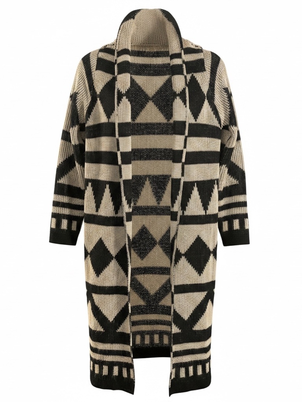 Neutral Geo-Pattern Long Open-Front Cardigan Sweater